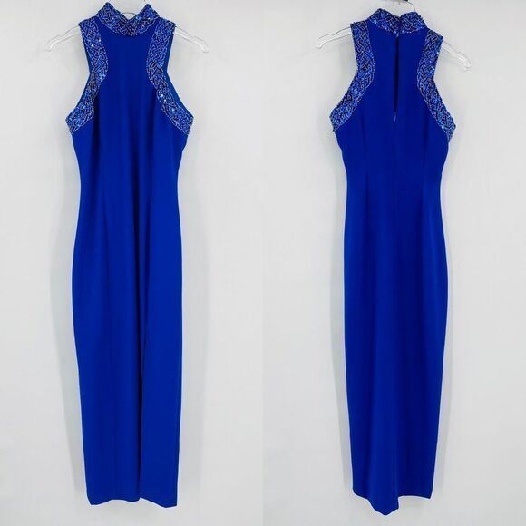 Vtg Alyce Designs Size 8 Blue Sequin Beaded High Neck Side Slit Maxi Gown Dress